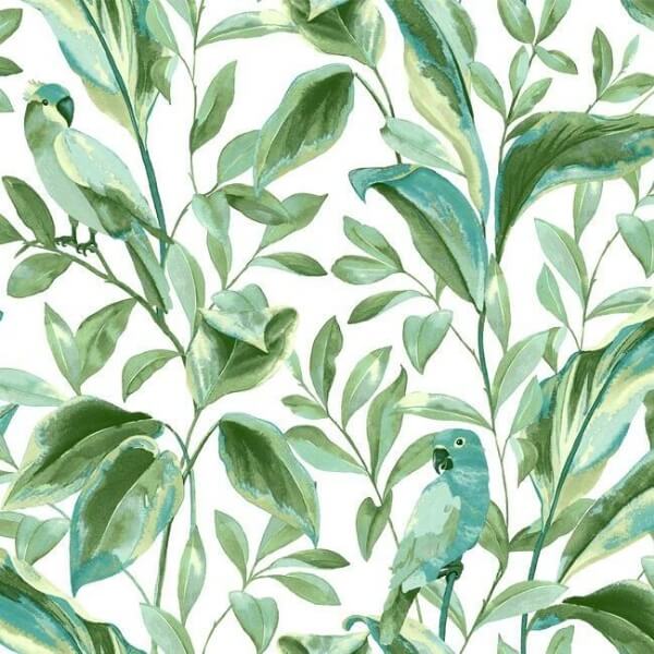 Tropical Love Birds White & Aqua Wallpaper