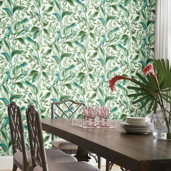 Tropical Love Birds White & Aqua Wallpaper