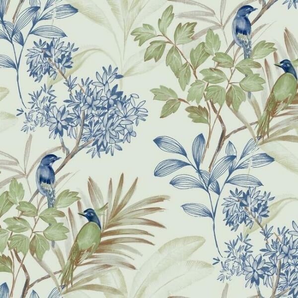 Handpainted Songbird Green & Blue Wallpaper