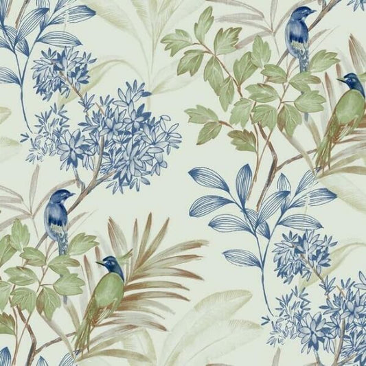 Handpainted Songbird Green & Blue Wallpaper