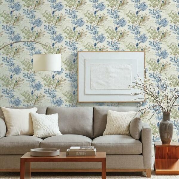Handpainted Songbird Green & Blue Wallpaper