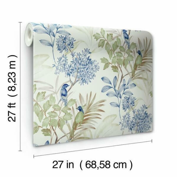 Handpainted Songbird Green & Blue Wallpaper