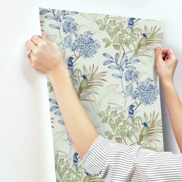 Handpainted Songbird Green & Blue Wallpaper