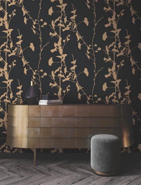 Ginkgo Silhouette Black & Gold Cork Wallpaper