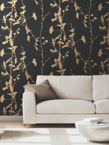 Ginkgo Silhouette Black & Gold Cork Wallpaper