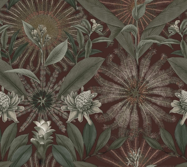 Enchanted Garden Maroon Tropical Wallpaper