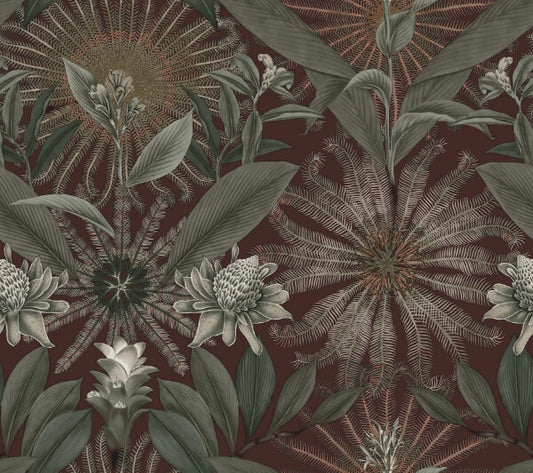 Enchanted Garden Maroon Tropical Wallpaper