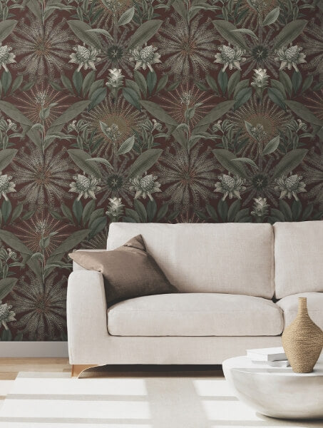 Enchanted Garden Maroon Tropical Wallpaper