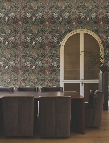 Enchanted Garden Maroon Tropical Wallpaper