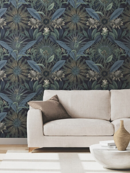Enchanted Garden Navy Tropical Wallpaper