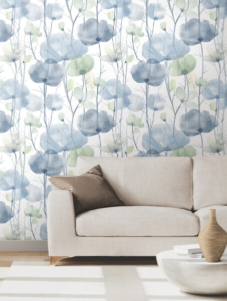 Cotswolds Poppies Blue Floral Wallpaper