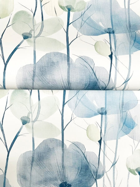 Cotswolds Poppies Blue Floral Wallpaper