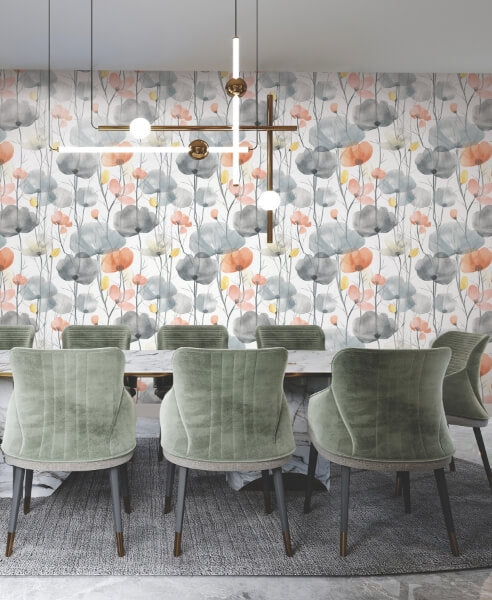 Cotswolds Poppies Coral Floral Wallpaper
