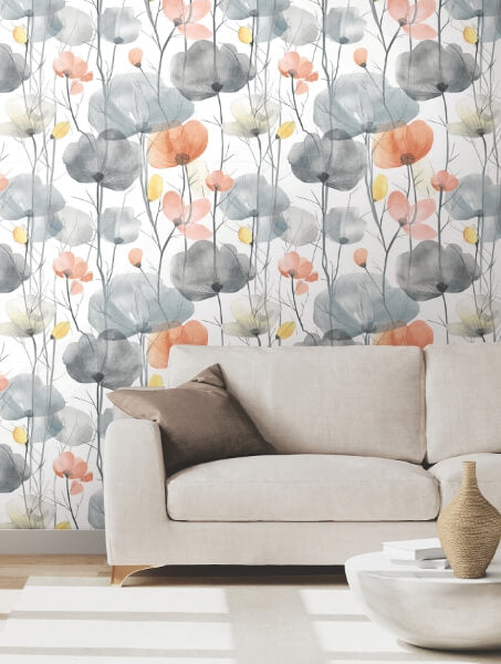 Cotswolds Poppies Coral Floral Wallpaper