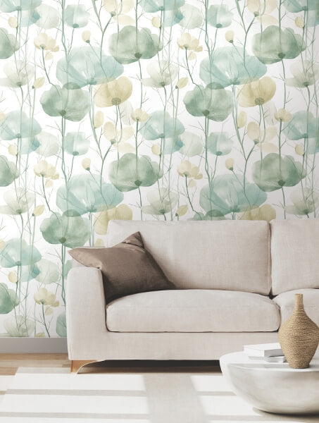 Cotswolds Poppies Turquoise Floral Wallpaper