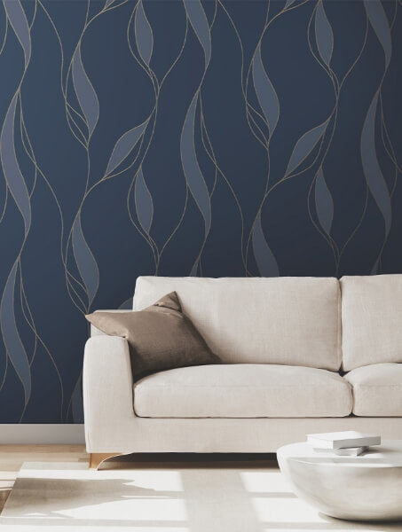 Society Hill Navy Abstract Leaf Wallpaper