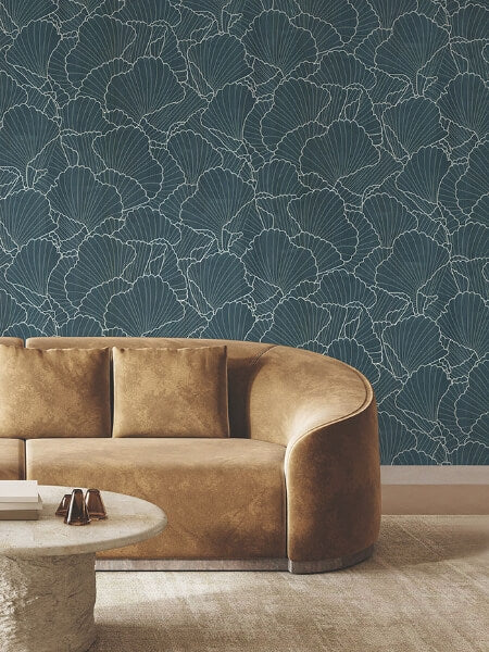 Shell Wood Veneer Navy Metallic Wallpaper