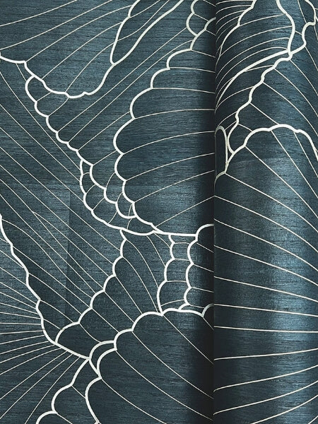 Shell Wood Veneer Navy Metallic Wallpaper