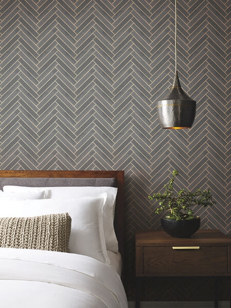 Herringbone Wood Veneer Graphite Wallpaper