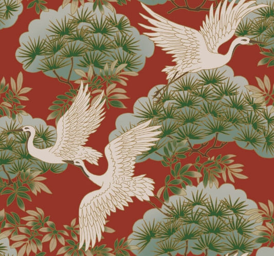 Sprig & Heron Red Wallpaper
