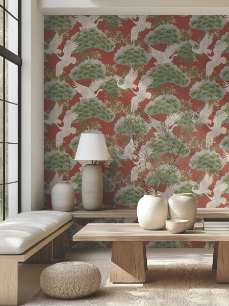 Sprig & Heron Red Wallpaper