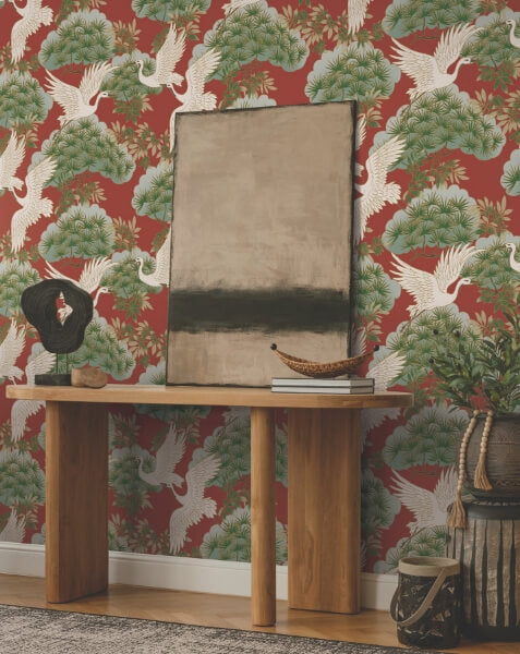 Sprig & Heron Red Wallpaper