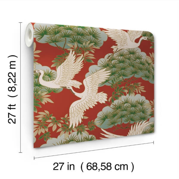 Sprig & Heron Red Wallpaper