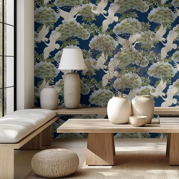 Sprig & Heron Navy Wallpaper