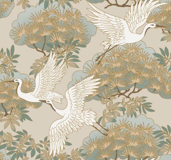 Sprig & Heron Beige Wallpaper
