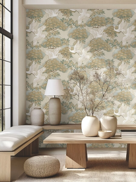 Sprig & Heron Beige Wallpaper