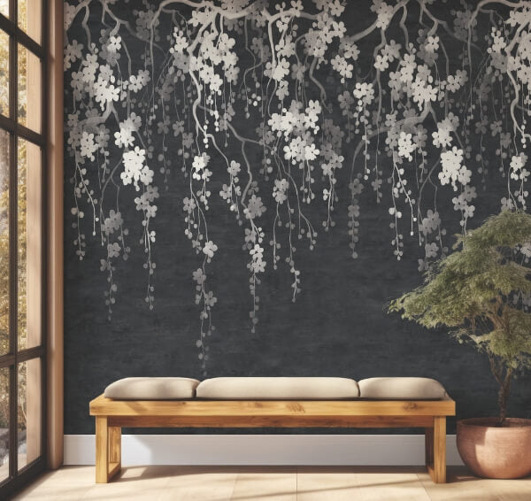 Sakura Blooms Black Wall Mural