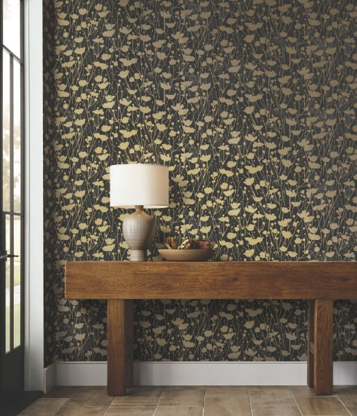 Shimmering Poppies Black & Gold Wallpaper