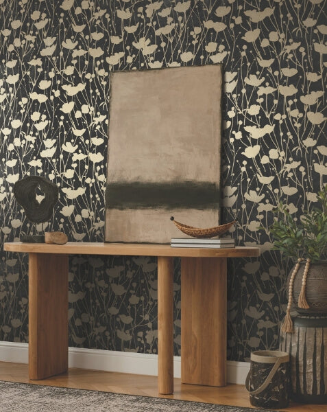 Shimmering Poppies Black & Gold Wallpaper