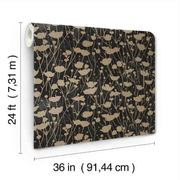Shimmering Poppies Black & Gold Wallpaper