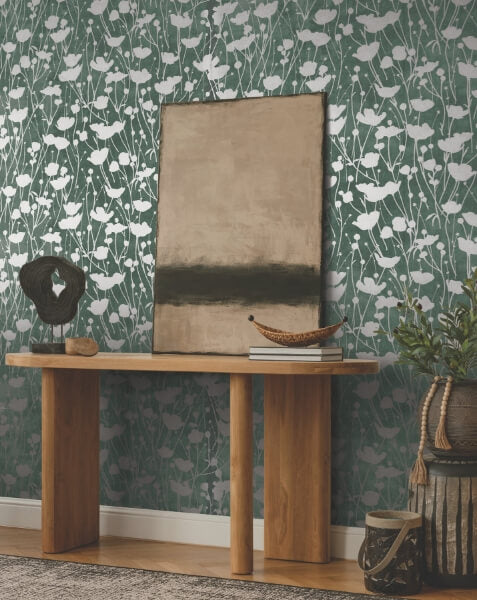 Shimmering Poppies Green & Silver Wallpaper