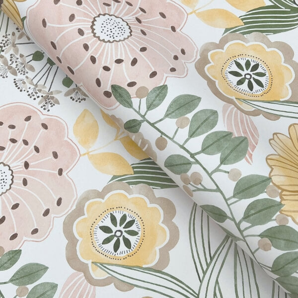 Artistic Bouquet Coral & Lemon Wallpaper