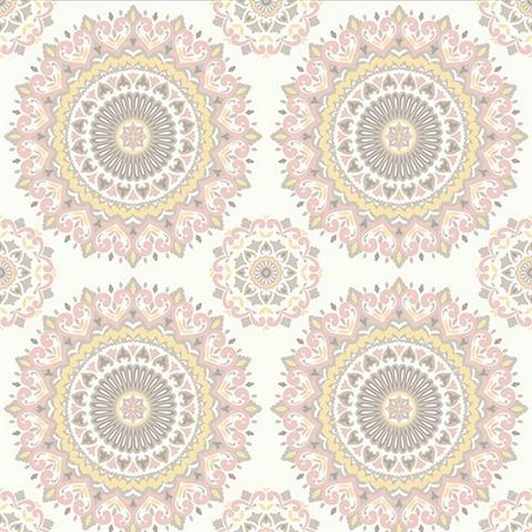 1014-001805 Light Pink Gemma Boho Medallion Wallpaper By Brewster