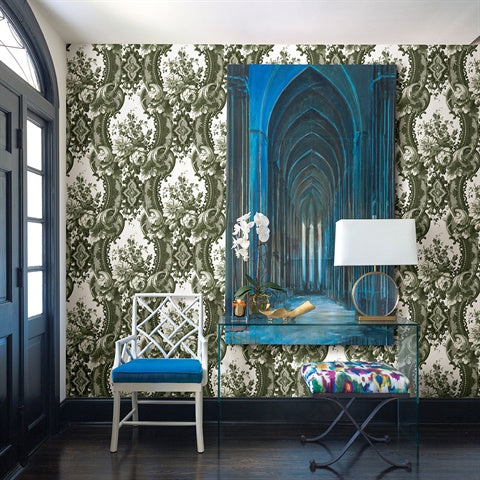 2763-24215 Dreamer Green Damask Wallpaper By Brewster