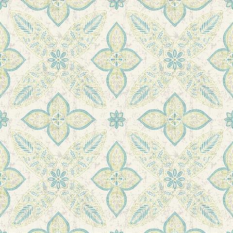 1014-001829 Turquoise Off Beat Ethnic Geometric Floral Wallpaper By Brewster