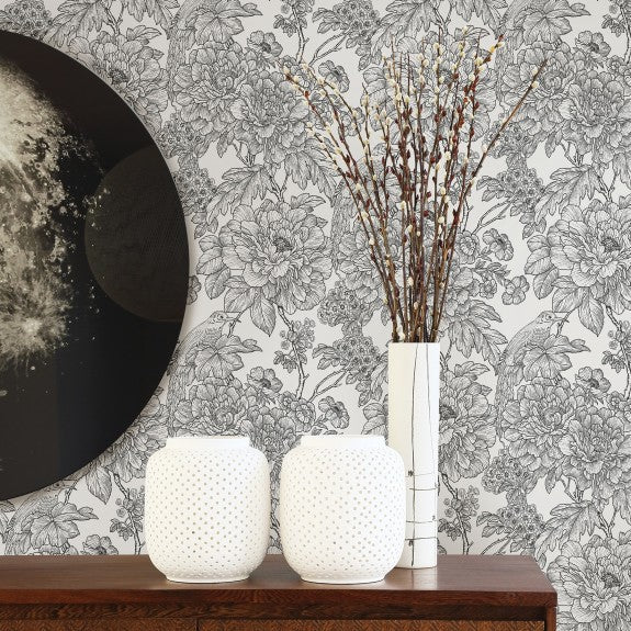 2901-25414 Birds of Paraside Breeze Black Floral Wallpaper
