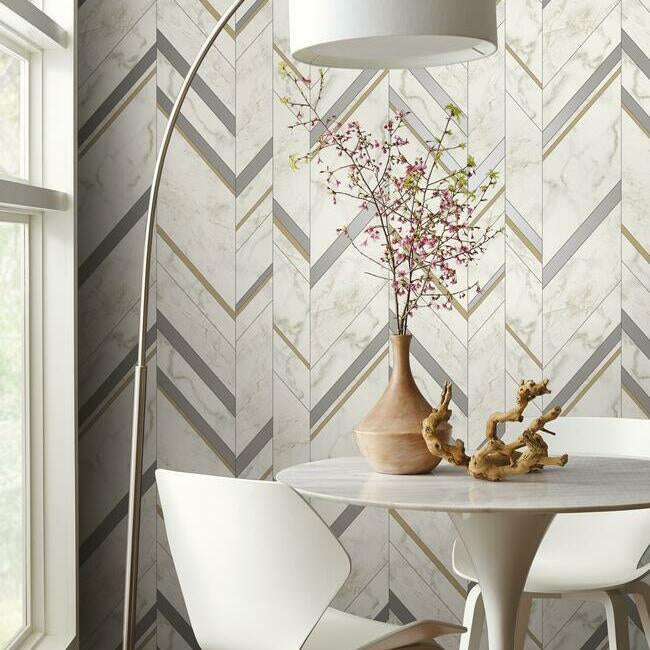 MM1803 Grey/Gold Marble Chevron Wallpaper