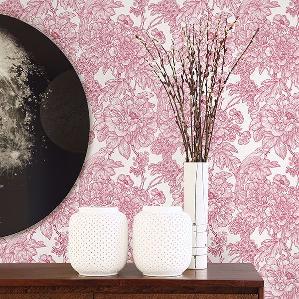 2901-25410 Birds Of Paraside Breeze Red Floral Wallpaper