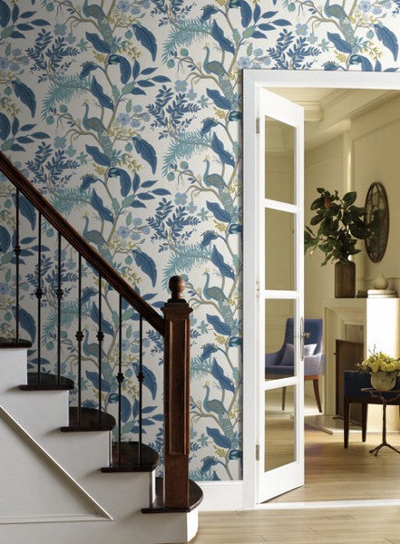 RI5173 Blue/White Peacock Wallpaper