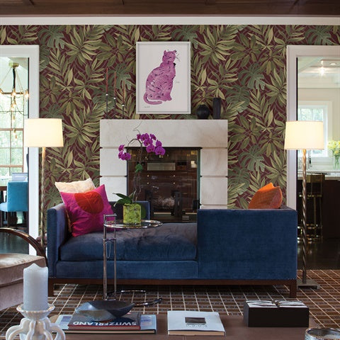 2763-24243 Nocturnum Maroon Leaf Wallpaper By Brewster