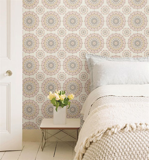 1014-001805 Light Pink Gemma Boho Medallion Wallpaper By Brewster