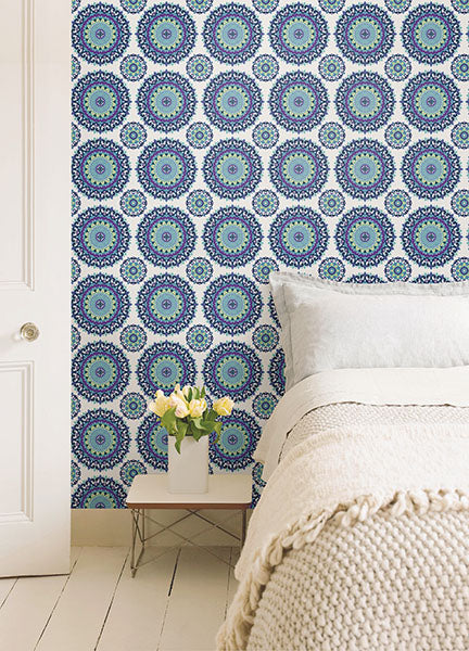 1014-001802 Indigo Gemma Boho Medallion Wallpaper By Brewster