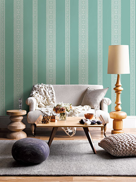 1014-001834 Turquoise Brynn Paisley Stripe Wallpaper By Brewster