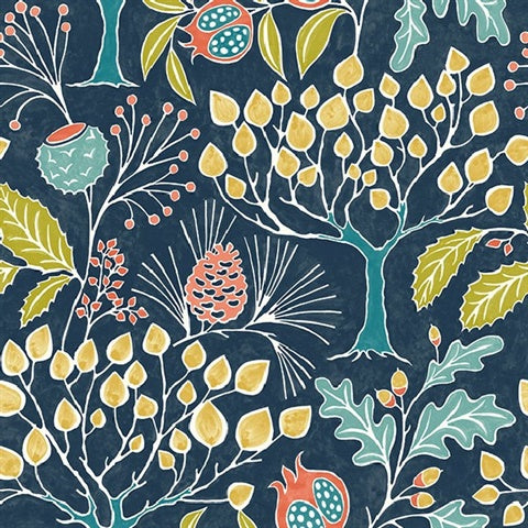 2903-25830 Shiloh Navy Botanical Wallpaper Blue Bell By A Street Prints