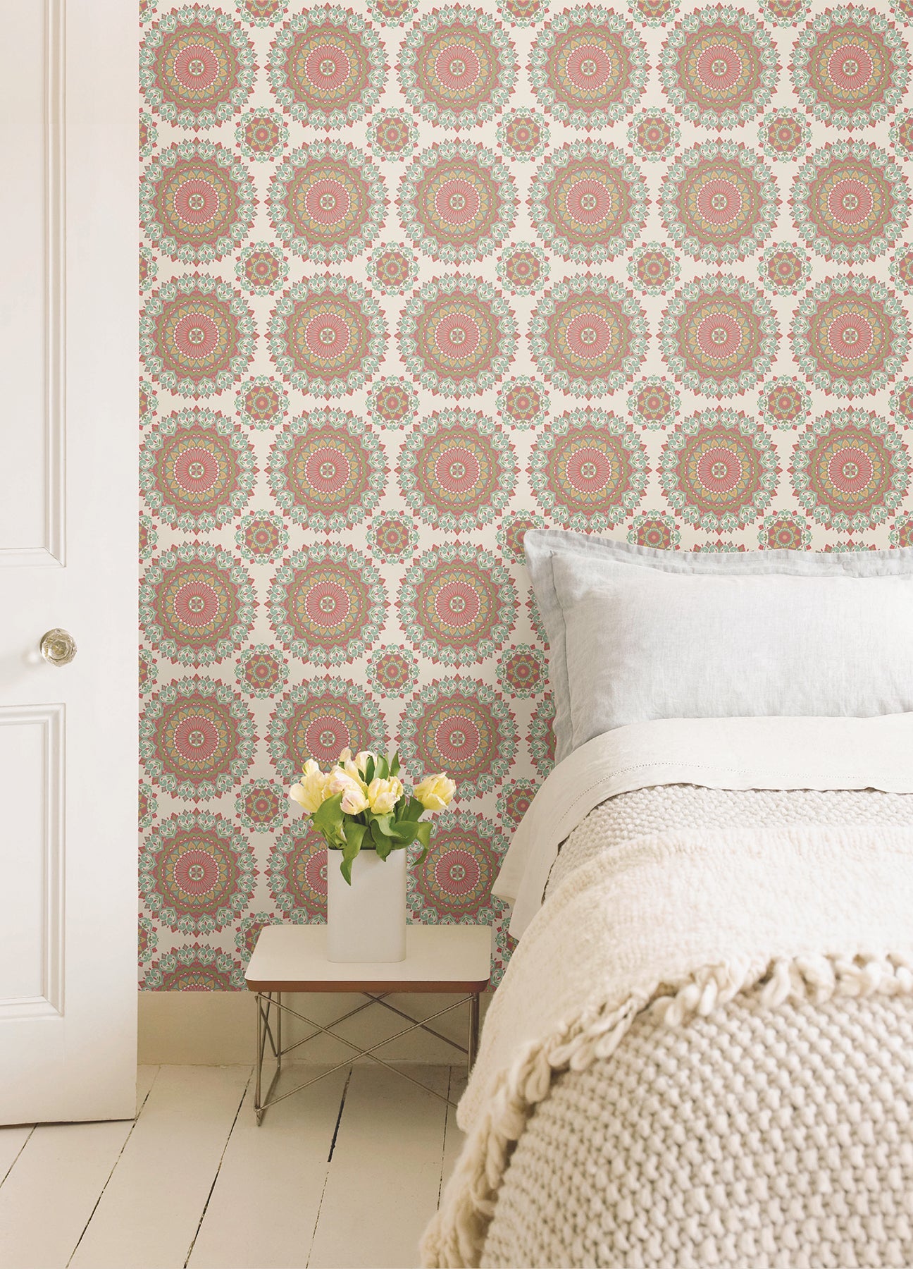 1014-001801 Aqua Gemma Boho Medallion Wallpaper By Brewster