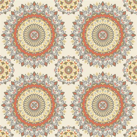 1014-001803 Coral Gemma Boho Medallion Wallpaper By Brewster